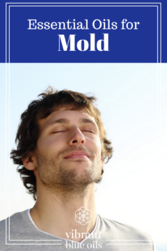 A relaxed man enjoying a breath of fresh air with a clear blue sky in the background, accompanied by the headline "essential oils for mold" suggesting a natural remedy topic.
