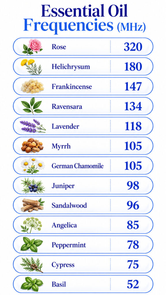 Essential oil frequencies chart listing rose, helichrysum, frankincense, lavender and other oils in MHz